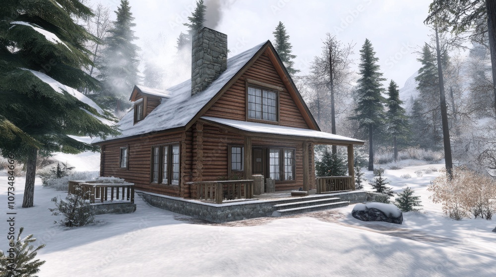 Cozy log cabin nestled in a snowy forest landscape, AI Cozy log cabin nestled in a snowy forest landscape, AI