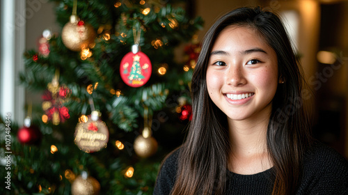 A woman is smiling in front of a Christmas tree