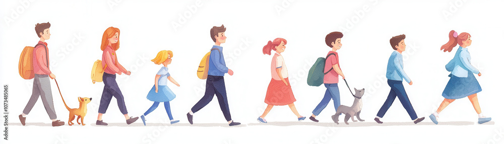 A colorful illustration of a diverse group of people walking, accompanied by dogs, depicting a cheerful and active outdoor scene. A colorful illustration of a diverse group of people walking, accompanied by dogs, depicting a cheerful and active outdoor scene.