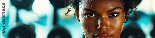 A woman lifting weights with determination, sweat dripping down her face, in a bright, modern gym.