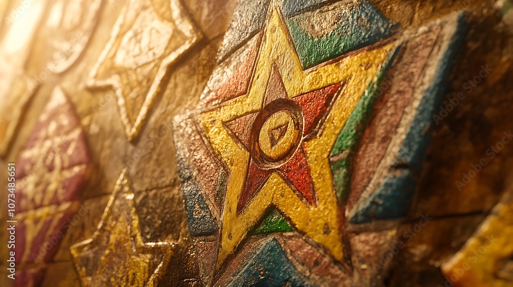 Close-up of a Golden Star Shaped Mosaic on a Wall Close-up of a Golden Star Shaped Mosaic on a Wall