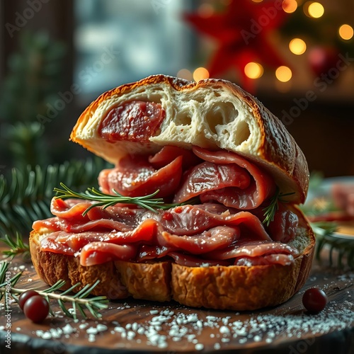 Raw beef on ryebread open faced danish sandwich frame christmas isolated photo