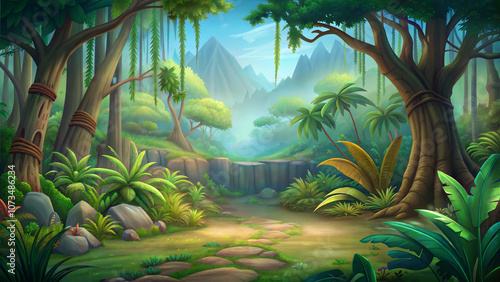 Cartoon lush jungle scene with a winding path leading through the greenery, inviting exploration and adventure. Background for the game.