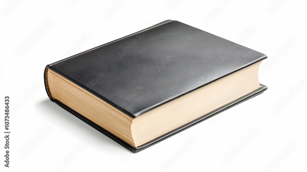 A closed hardcover book with a black cover and yellowed pages. A closed hardcover book with a black cover and yellowed pages.