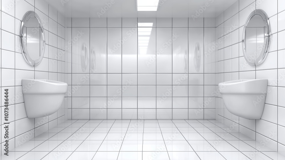 Elegant white tiled bathroom with decorative urns, a serene and pristine interior design Elegant white tiled bathroom with decorative urns, a serene and pristine interior design