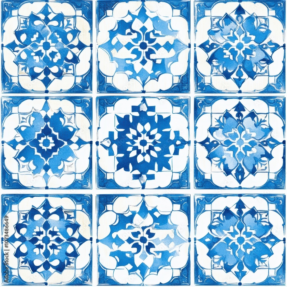 A vibrant blue and white tiled pattern featuring intricate geometric designs arranged in a grid. A vibrant blue and white tiled pattern featuring intricate geometric designs arranged in a grid.