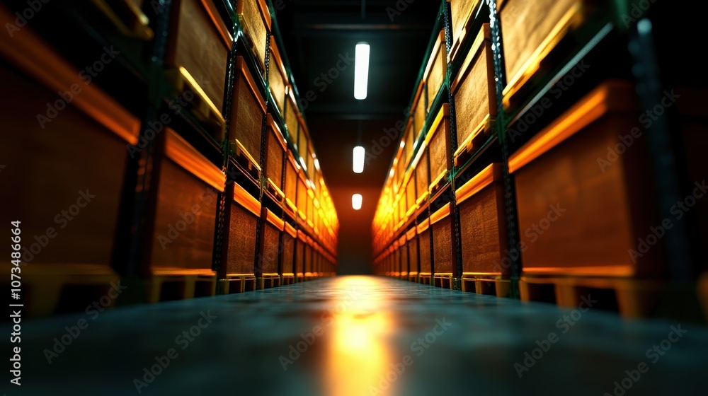 Dimly Lit Warehouse Aisle with Tall Shelving Units and Wooden Crates, Evoking a Sense of Depth and Industrial Atmosphere in an Abandoned Storage Facility Dimly Lit Warehouse Aisle with Tall Shelving Units and Wooden Crates, Evoking a Sense of Depth and Industrial Atmosphere in an Abandoned Storage Facility