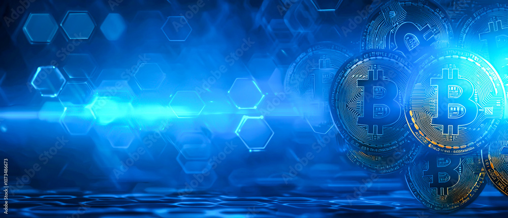 Digital Bitcoin Currency with Blue Background
