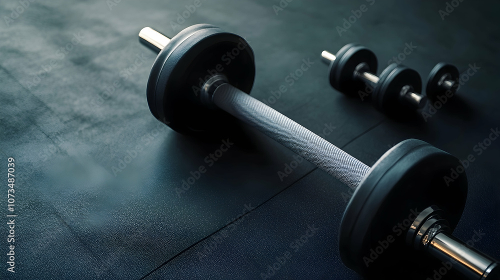 A close-up of a barbell and two dumbbells lying on a black gym mat. A close-up of a barbell and two dumbbells lying on a black gym mat.