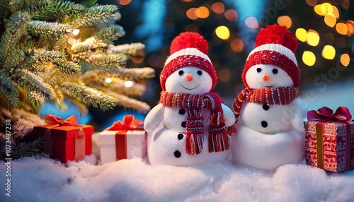 Christmas snowmen with gifts are seated beneath a tree and wearing red hats with stars on the ear flaps, mittens, and vibrant scarves. Christmas related idea. Generative AI