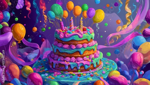 A Large Colorful Birthday Cake with Candles Surrounded by Balloons

 photo