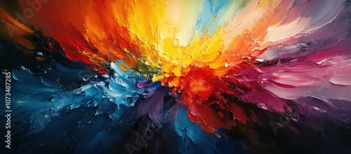 Abstract painting with vibrant colors and thick brushstrokes in blue, red, yellow, and purple.