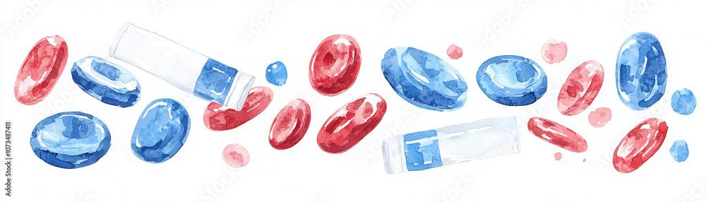 Fototapeta premium A colorful illustration of red and blue drops resembling blood cells, scattered among geometric shapes, evoking a scientific or medical theme.