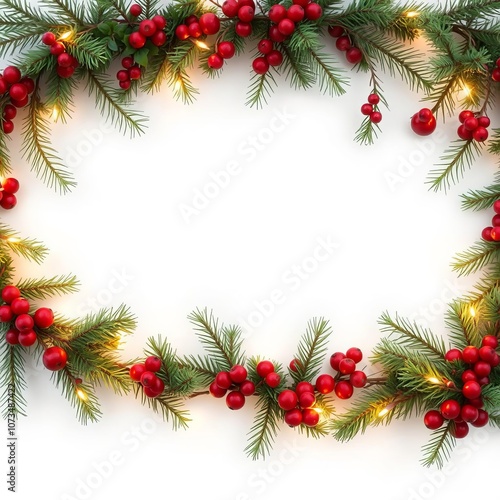 Natural christmas garland of pine branches intertsodad with cranberry sprigs and fairy lights on a white background frame christmas isolated