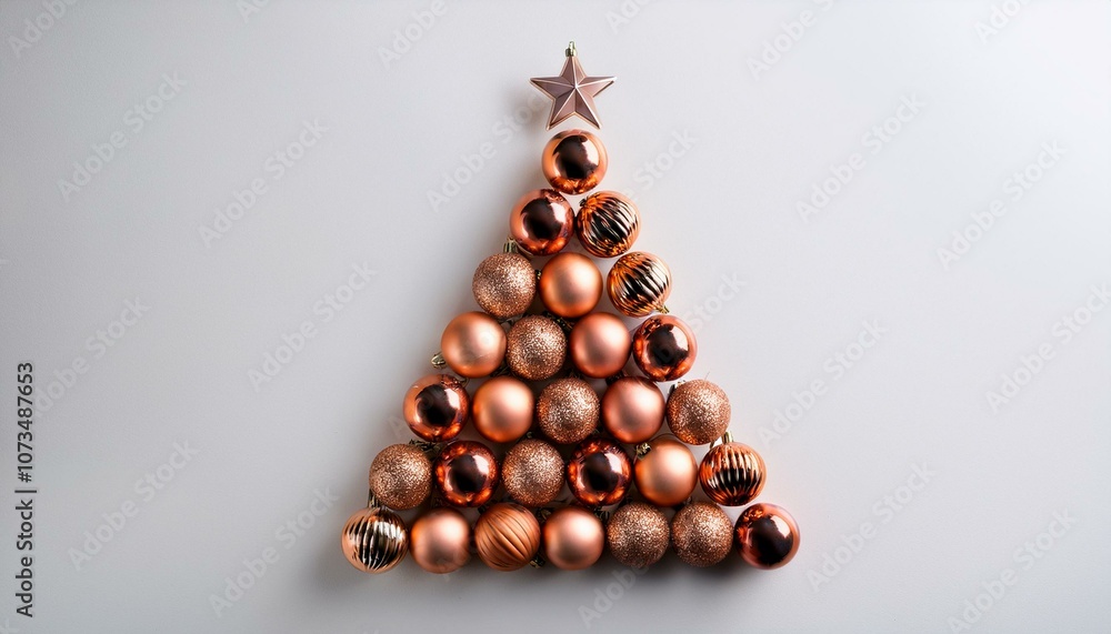 Christmas tree made of copper christmas balls on bright white background. Creative idea concept. 3d rendering Christmas tree made of copper christmas balls on bright white background. Creative idea concept. 3d rendering