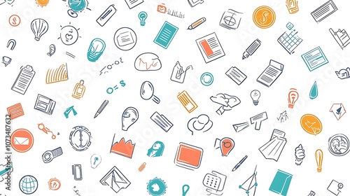 Hand-Drawn Doodle Pattern of Business and Technology Icons