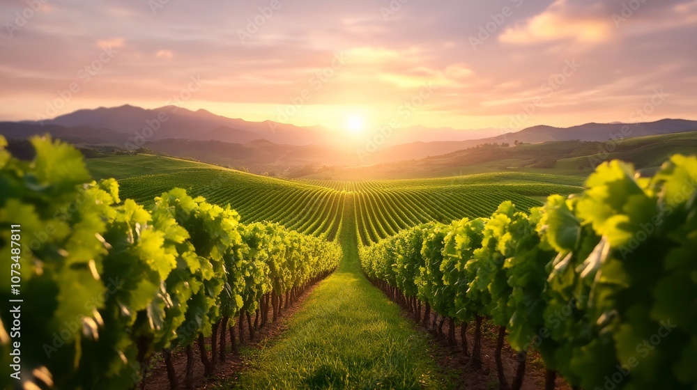 Fototapeta premium Serene vineyard landscape at sunset with rolling hills