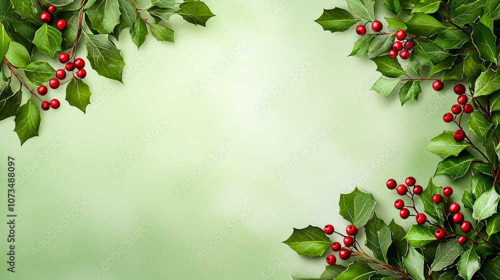 Fototapeta premium Fresh Holly Leaves with Red Berries on Green Background