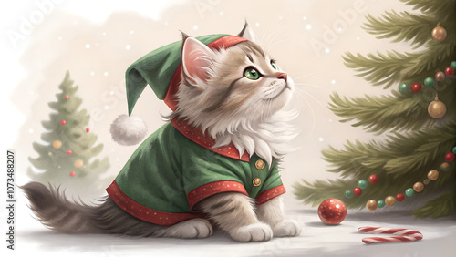 Cute kitten wearing a festive green outfit with a Christmas hat near a decorated tree photo