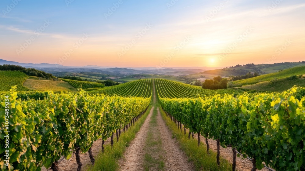 Fototapeta premium Serene vineyard landscape at sunset