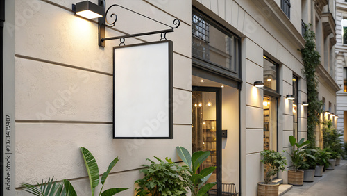 Empty signboard hanging on wall of a stylish shop with plants in urban environment