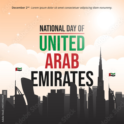 United Arab Emirates National Day with flag and silhouette buildings