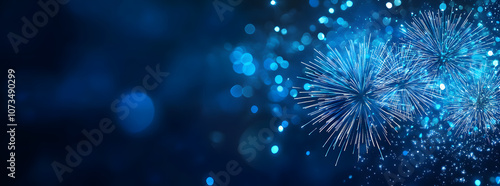 Blue fireworks against a dark blue sky background with copy space, a banner design. New year celebration concept.