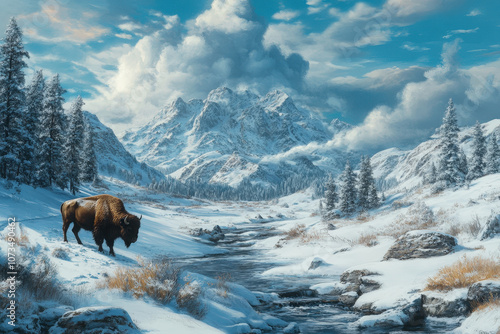 Bison Roaming Through a Snow-Covered Valley