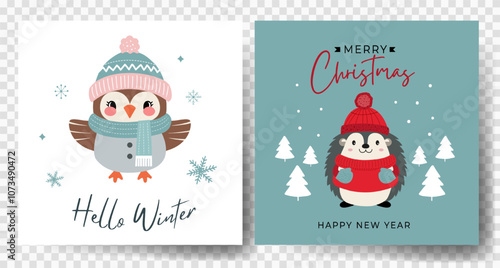 Cute animals christmas cards. Owl, hedgehog. Gift tags with Christmas characters. Winter animals.