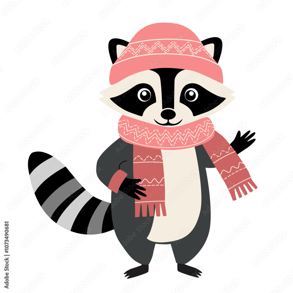 Obraz premium Cartoon raccoon in winter clothes. Illustration with hand drawn doodle raccoon. Thickly clothed pet.