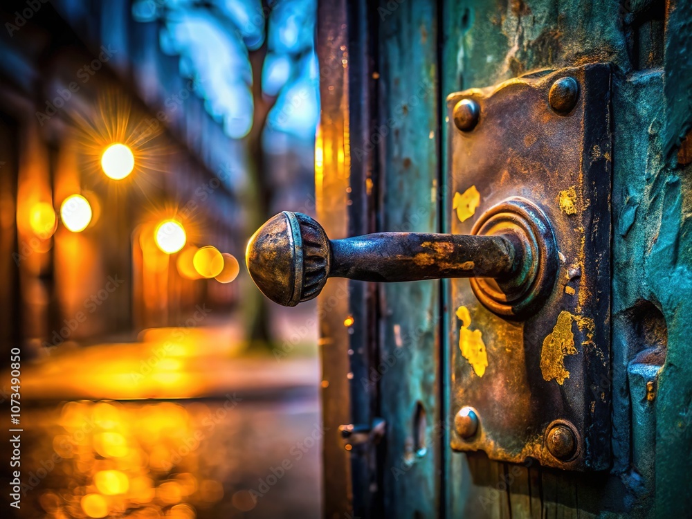 Night's embrace, a solitary metal door handle stands out in detail. Night's embrace, a solitary metal door handle stands out in detail.