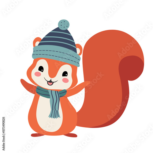 Cartoon squirrel in winter clothes. Illustration with hand drawn doodle squirrel. Thickly clothed pet.