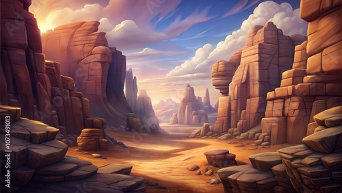 Cartoon rocky canyon scene with a large mountain range in the background, under a cloudy sky as the sun sets. Background for the game.