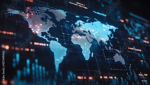 Stock market charts and graphs with world map in blue tones, emphasizing candlestick patterns and line charts for financial analysis