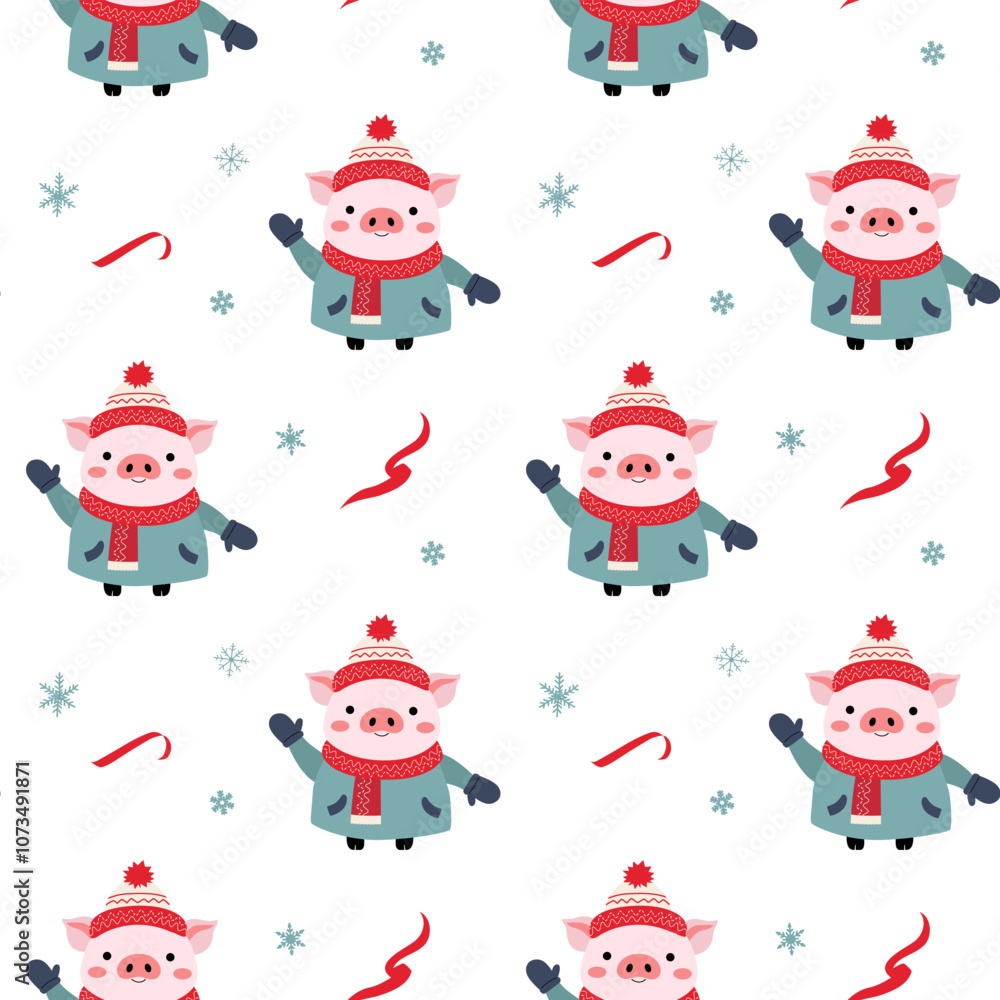 Seamless pattern with cute warm clothed pig. Xmas backgrounds. Cartoon winter animals pattern. Seamless pattern with cute warm clothed pig. Xmas backgrounds. Cartoon winter animals pattern.