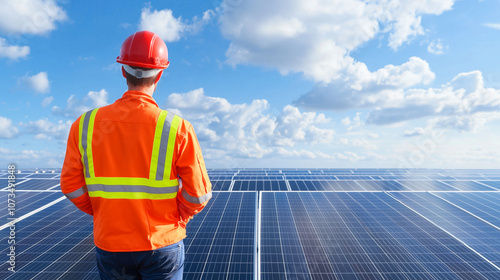 Engineer Overlooking Solar Panel Field at Sunrise