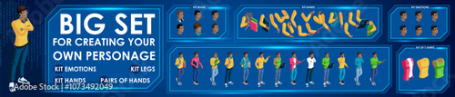 Isometric Black Man characters constructor for designed N6. Presentation in various action. Set of Students personages flat style illustration