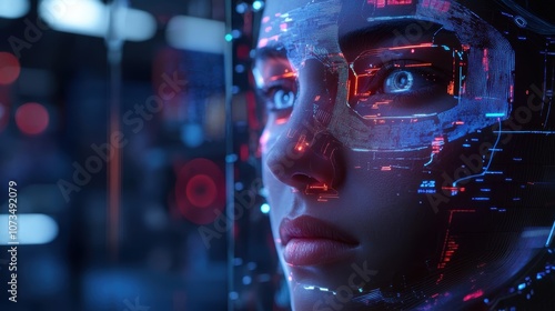 A futuristic face with holographic digital patterns reflects advanced technology and artificial intelligence in a vibrant cyberpunk setting.