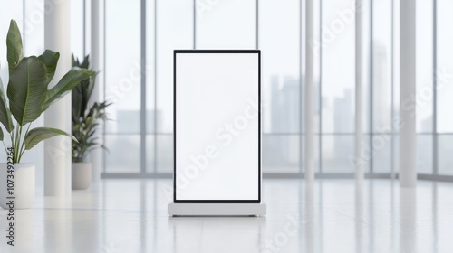 Futuristic Branding Opportunities: Empty Standee Mockup in Modern Tech Office with Innovative Gadgets | Ultra-Detailed Exhibition Design for Tech Startups