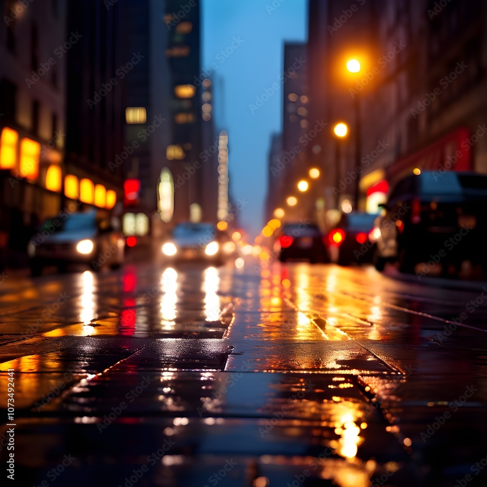 Urban Rain: Bokeh Lights from Cars and Streetlights in the City Urban Rain: Bokeh Lights from Cars and Streetlights in the City