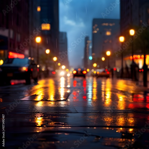 City at Dusk: A Rainy Night with Glowing Headlights and Streetlamps