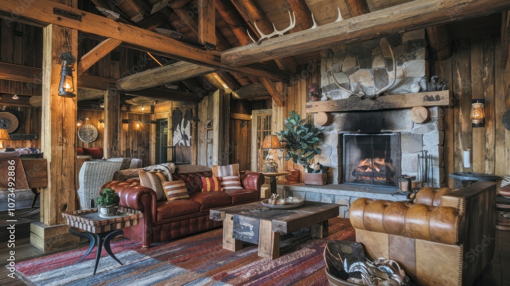 Cozy Rustic Cabin Interior with Stone Fireplace and Wooden Beams Cozy Rustic Cabin Interior with Stone Fireplace and Wooden Beams
