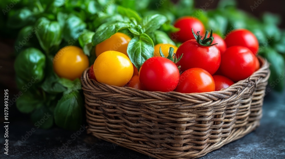 Freshly harvested tomatoes and basil in a rustic basket Freshly harvested tomatoes and basil in a rustic basket