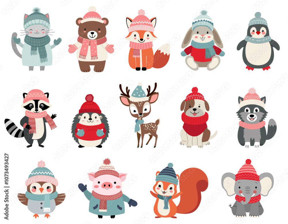Fototapeta premium Set of cute animals in winter clothes. Thickly clothed pets. Winter animals. Bear, fox, deer, squirrel, owl, hare.