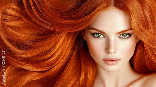 Beautiful woman with flowing red hair. Haircare, hair dye and trichology concept. Fashion portrait for poster, banner, packaging, design