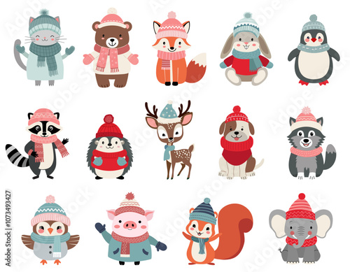 Set of cute animals in winter clothes. Thickly clothed pets. Winter animals. Bear, fox, deer, squirrel, owl, hare.