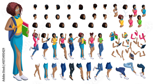 Isometric cartoon people, 3D Set for creating Black Student person. Full length gestures isolated, N1. Create your own design for vector