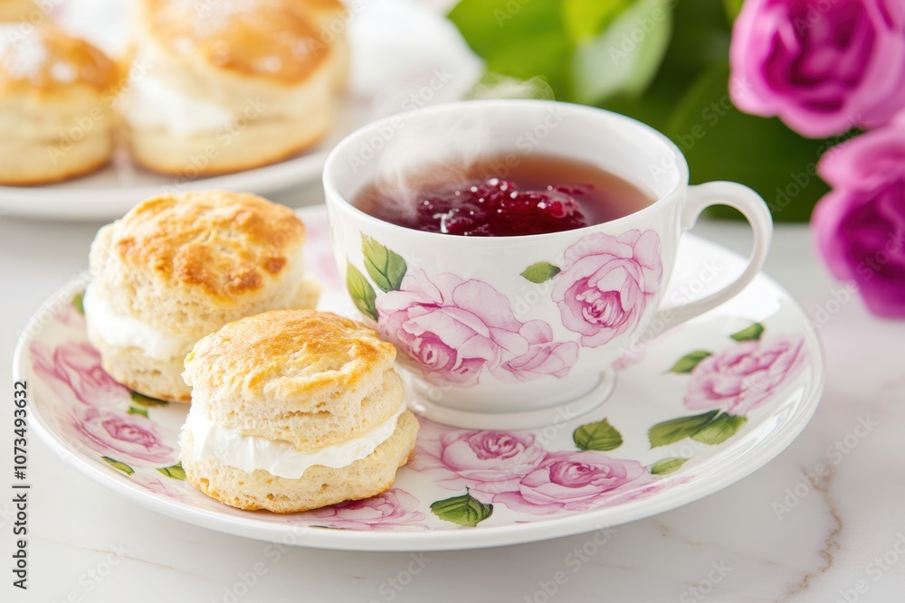 Delightful Afternoon Tea With Scones and Clotted Cream in a Charming English Garden Delightful Afternoon Tea With Scones and Clotted Cream in a Charming English Garden