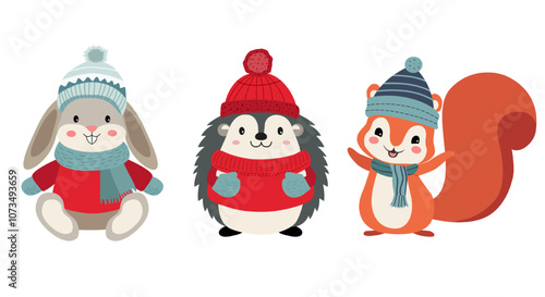 Set of cute animals in winter clothes. Thickly clothed pets. Winter animals. Bunny, squirrel, hedgehog.