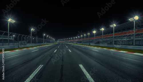 deserted race circuit at night, illuminated by bright floodlights, showcasing smooth asphalt and surrounding grandstands. atmosphere is calm yet thrilling